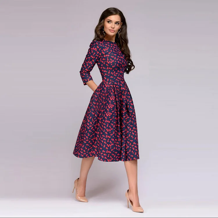 Women vintage retro 3/4 sleeve floral pattern a line swing party dress