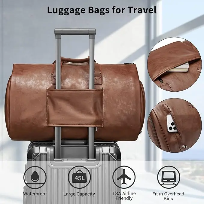 Custom Garment Duffel Bag for Travel, Waterproof PU leather Convertible Carry on Weekender Garment Bag with Shoes Pocket