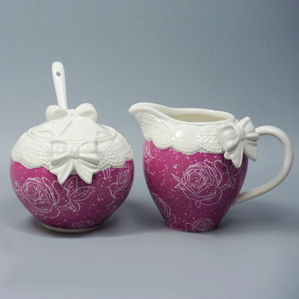 Hot sale top class customized bowknot design purple ceramic sugar and creamer