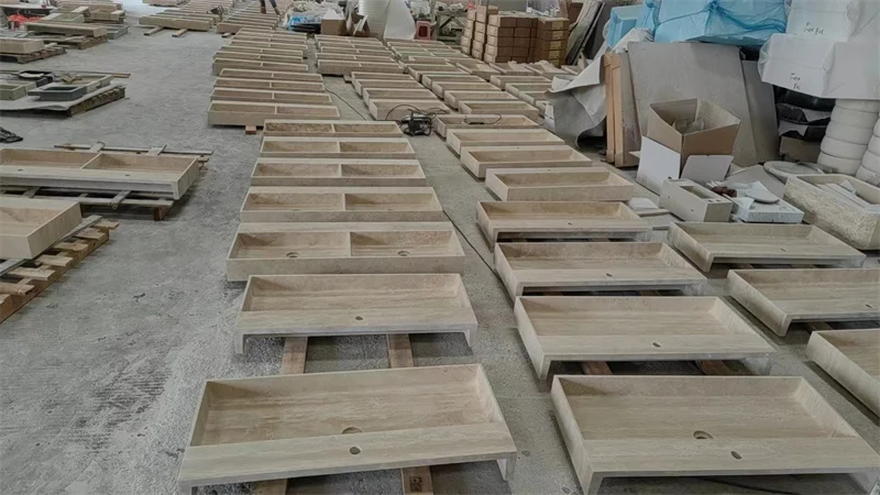 Factory Price Wall Mounted Bathroom Stone Basin Beige Travertine Wall Hanging Rectangle Bathroom Sink