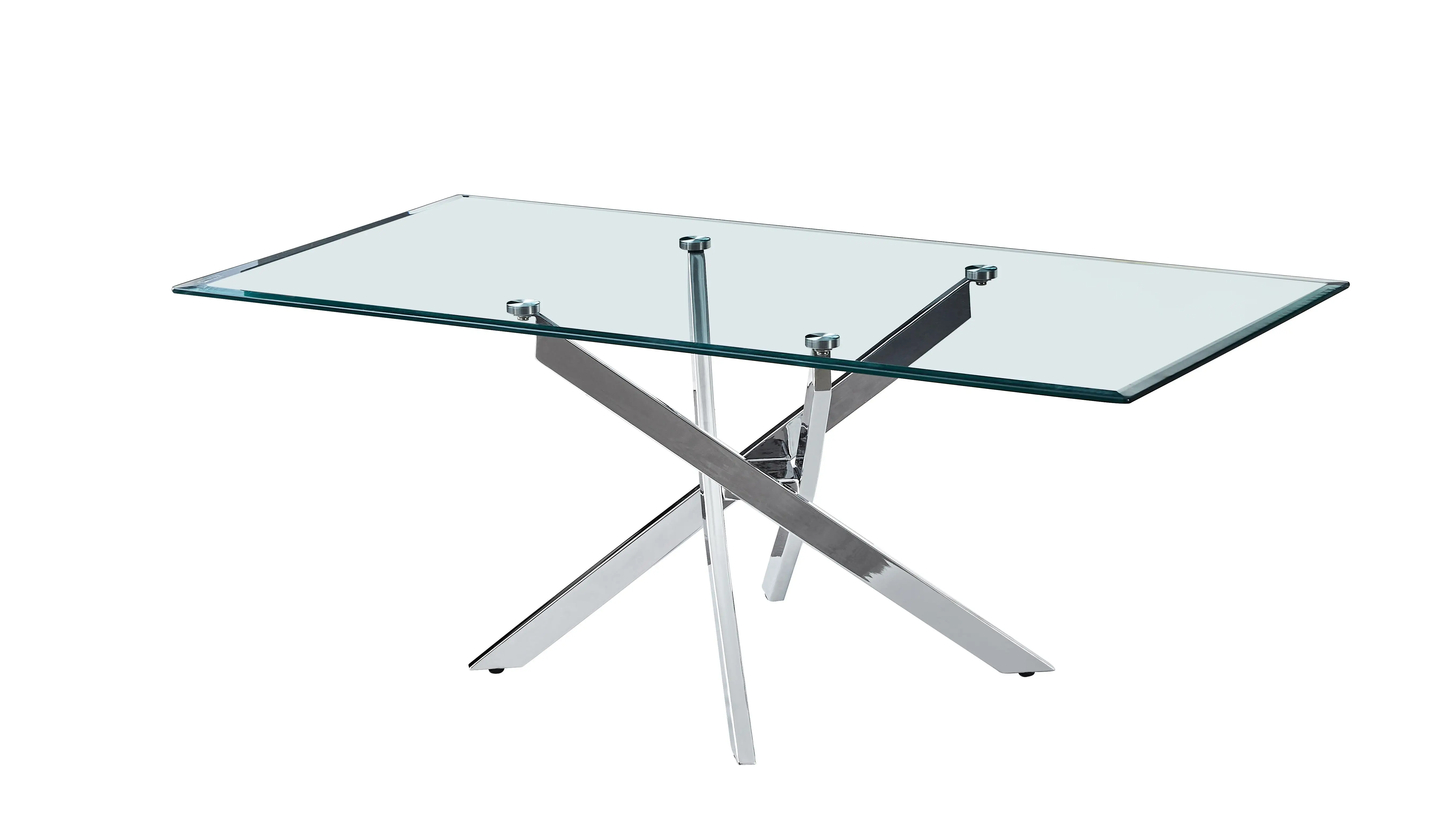 Stable And Long Lasting Rectangular Clear Glass Top Dining Table With 4 Silver Plating Metal Legs For Home Dining Room
