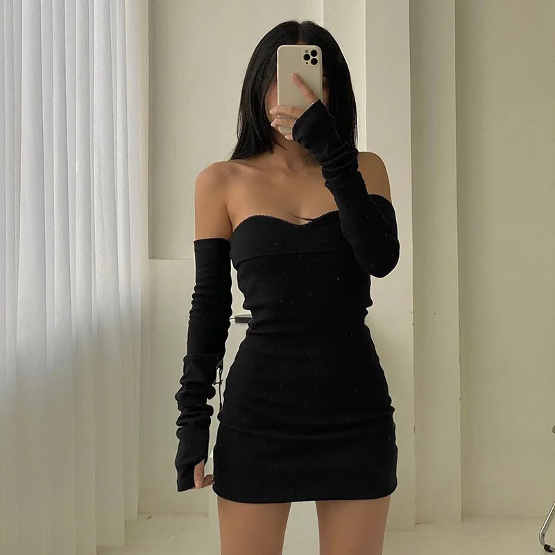 Casual Elegant Women Strapless  Mini Dresses With Sleeve