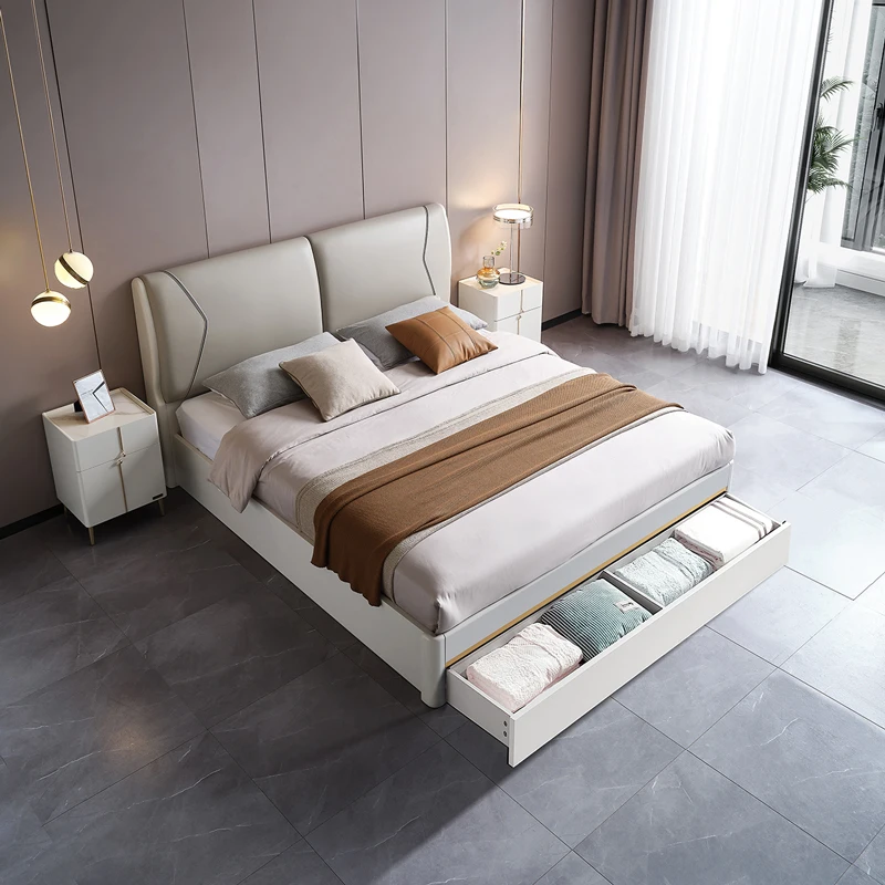 120613 Quanu Light luxury hotel bedroom furniture modern double king bed storage mdf bed design