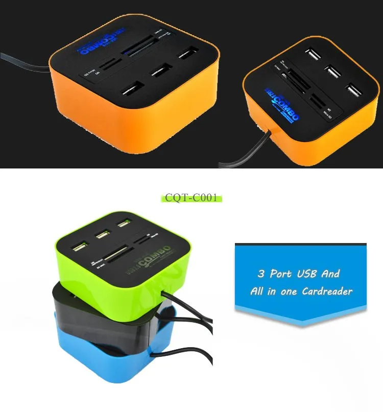 Hot Sell Top Supplier Colorful 3-Ports Usb Hub With Smart Usb 2.0 Card Reader USB2.0 5 in 1 Combo