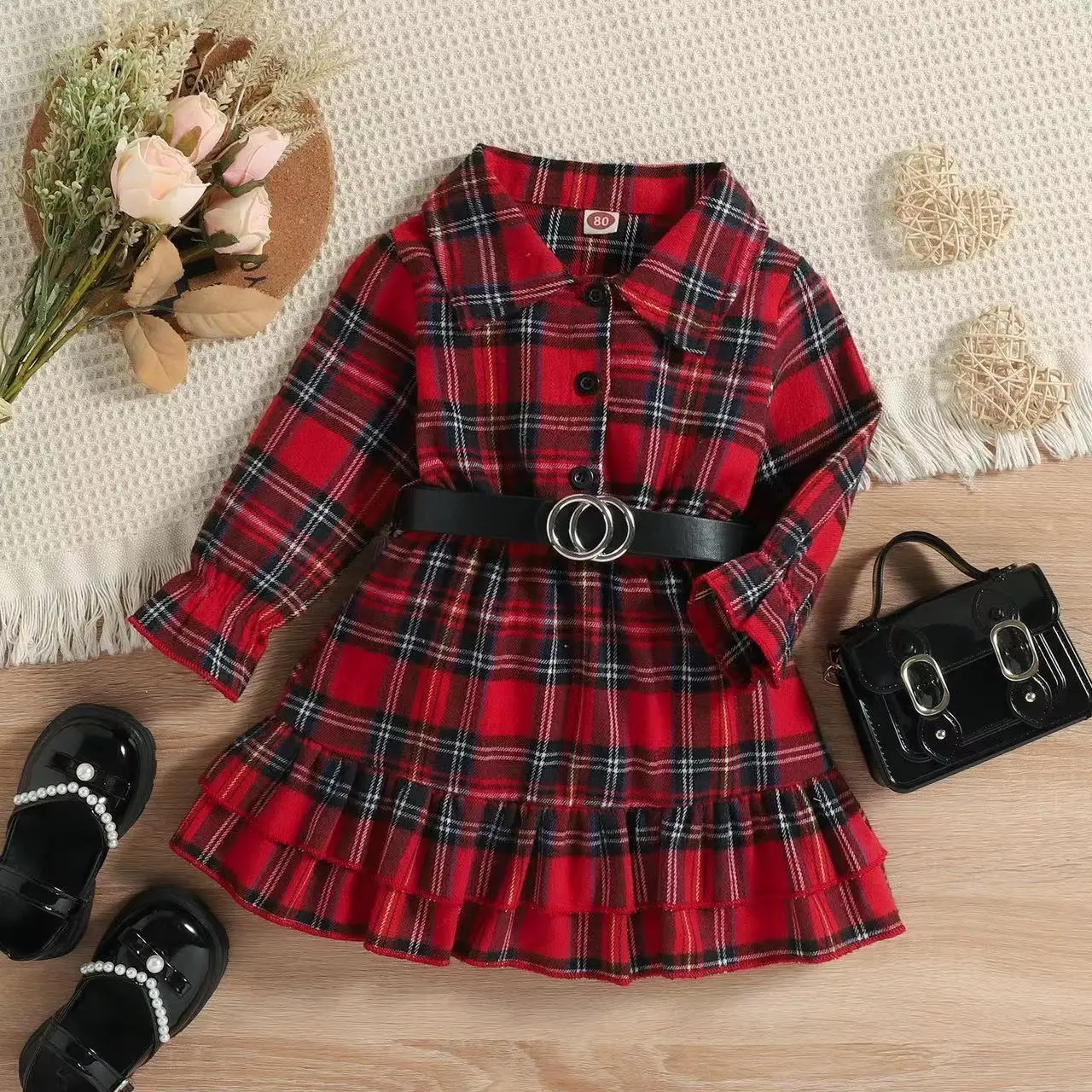 Hotsale Girl Christmas Dresses Red Fashion Belted V-neck Plaid Dress For Kids Girl Clothes Spring Fall Baby Dresses