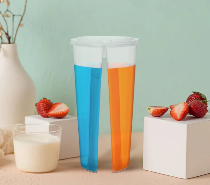 Factory supplier 700ml Plastic Half Half Twin Cup PP Split Boba Tea Twins Share Taste Two Flavours On One Cup with Lids