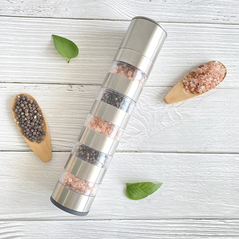 Salt and Pepper Combo Mill Silver Clear 5 in 1 Manual SS Pepper Mill  with Transparent Spice Chambers