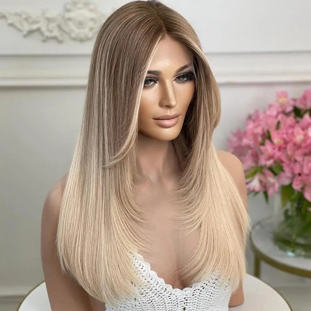 Luxury Light Ash Blonde Long Straight 100% Human Hair Invisible Lace Wig Preplucked Transparent Lace Swiss Glueless Lace Wig