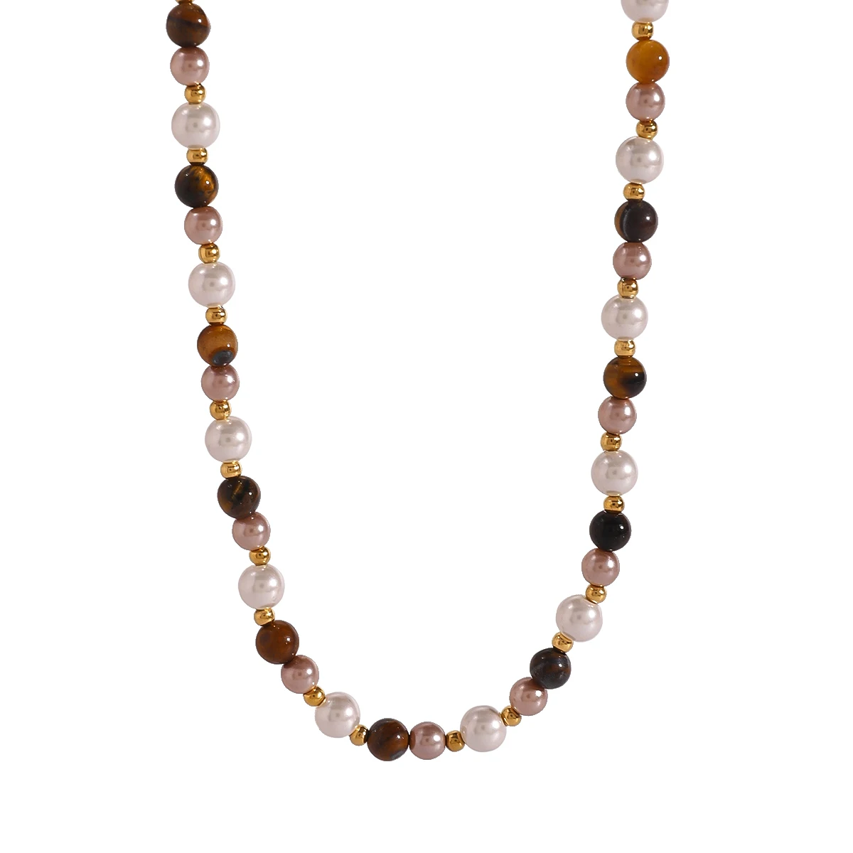 J&D 18k Gold Stainless Steel Natural Stone and Shell  Pearl Tiger Eye Boho Bead Necklace 42+5cm Unique Fashion Statement