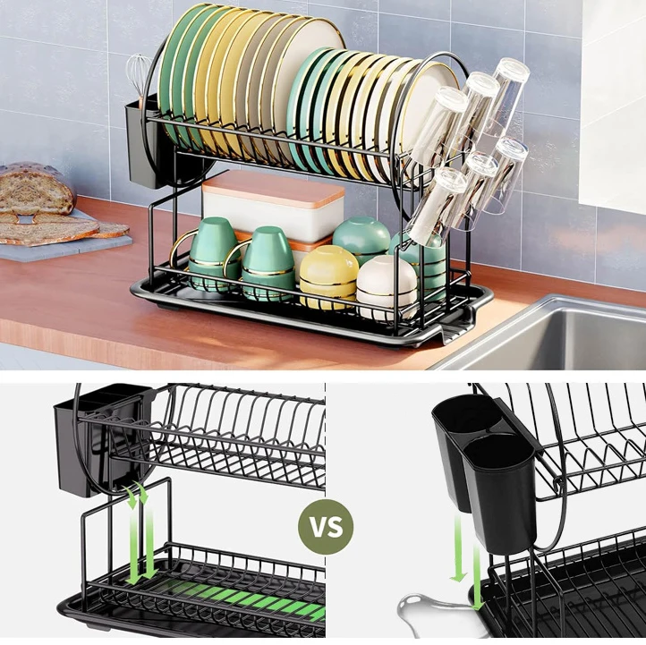 wire rack powder coated iron two layer 2 tier storage holder dish drying racks drainer with cup holder for dishes