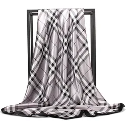 2020 шелк, 90*90 см, атласный шелковый шарф, большой квадратный шарф с принтом в клетку, модные аксессуары для магазина