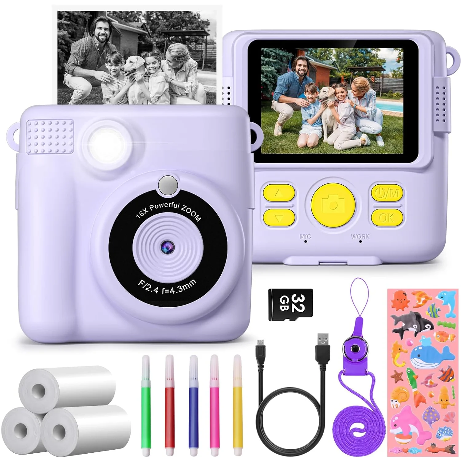 ET Instant Print Camera for Kids Christmas Birthday Gifts for Girls Boys HD Digital Video Cameras for Toddler with 32GB SD Card