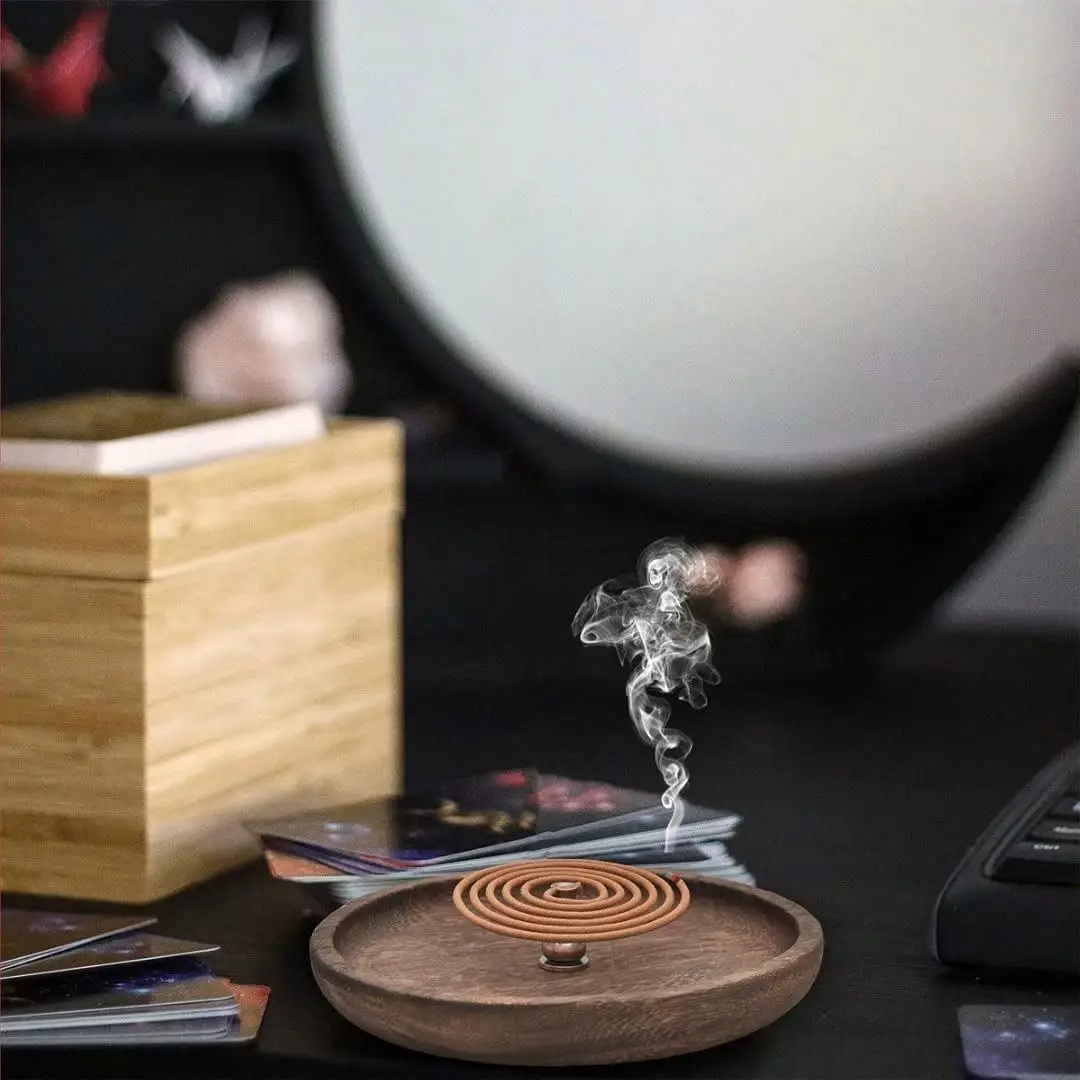 Variegated brown finish incense burner stick holder with plate joss stick round incense stick holder