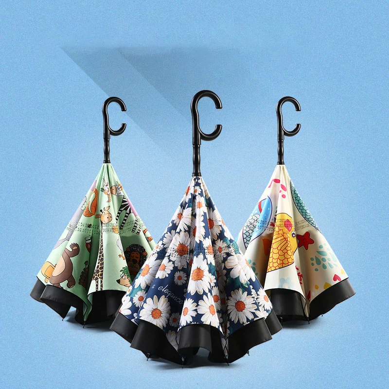 ZD076 Double Layer Automatic Open Inverted Parasol Windproof Travel Rain Sun Bumbershoot Creative C Shaped Handle Car Umbrella