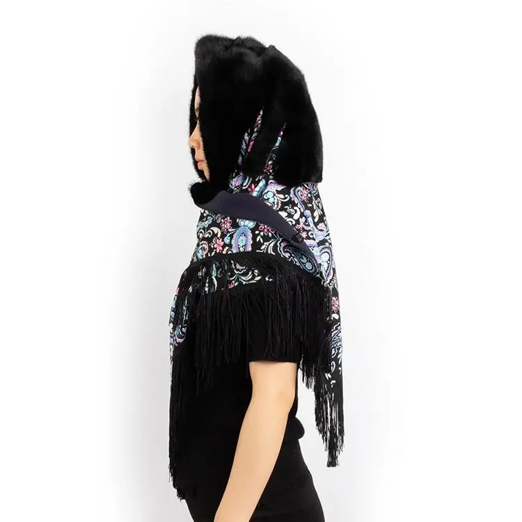 DH IATOYW wholesale tassel hooded fur cape women real mink fur hat winter fur scarf