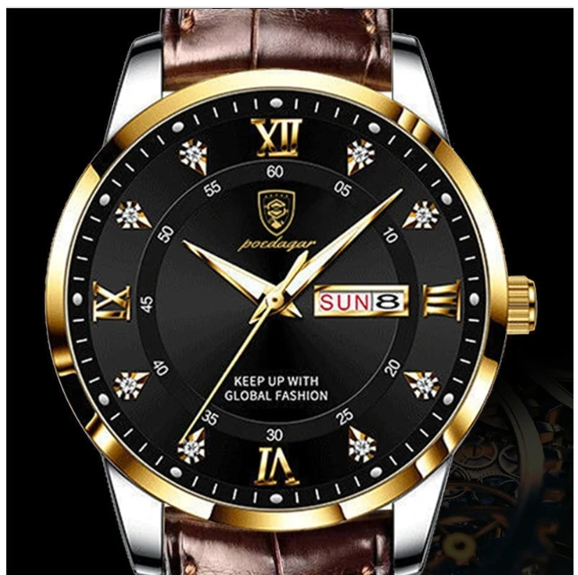 Мужские водонепроницаемые кварцевые часы с двойным календарем