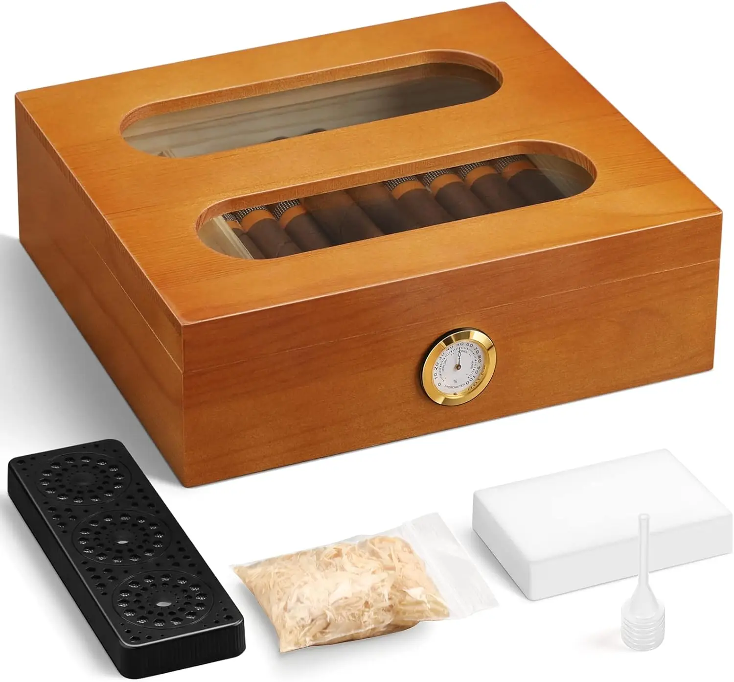 ZHONGHUAN Brand Cedar Wood Storage Case Holds Glass Top Cigar Box with Hygrometer Humidifier and Divider