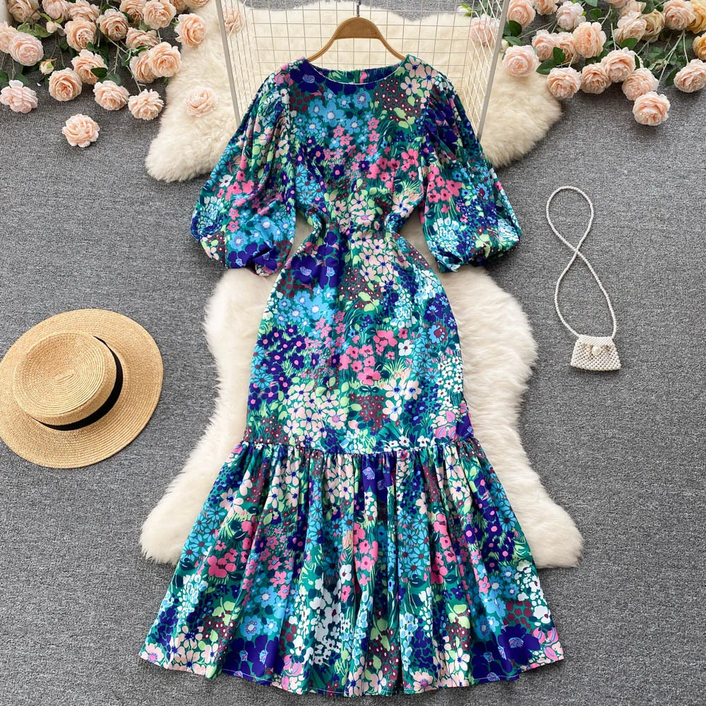 2022 vintage print dress for women puffed sleeves high waist temperament long skirt fish tail dress