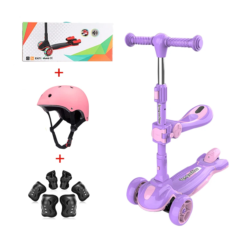 2023 Gift Box Set Foldable 3 LED Light Wheel Kid Children Scooter for Toddler with Adjustable Seat Protective Gear Set Helmet