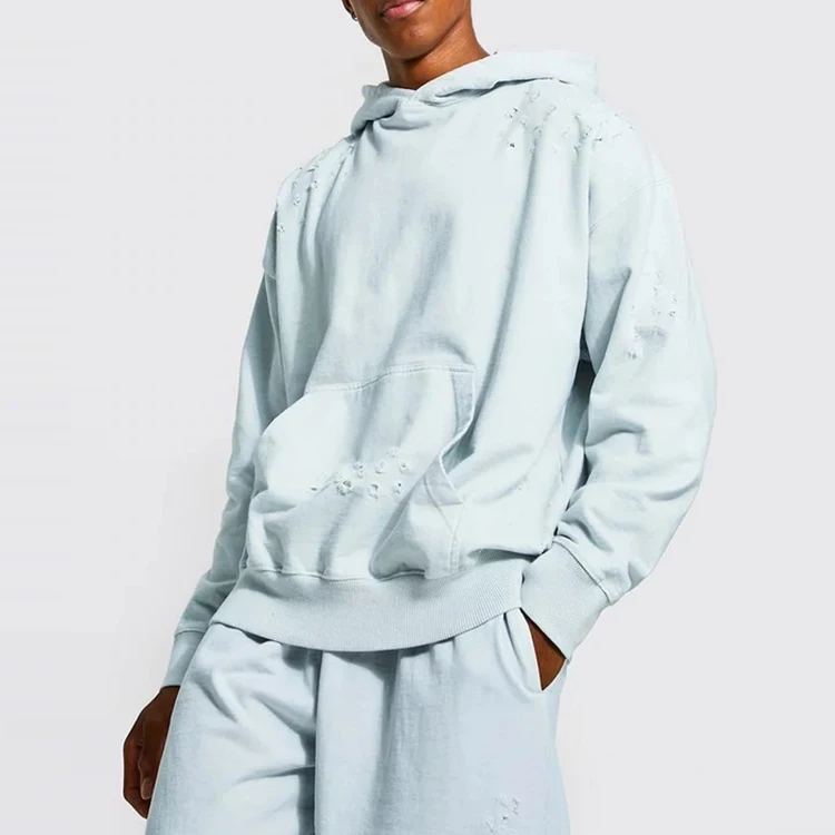 Decheng Oem High Quality French Terry Light Blue Ripped Details Solid Distressed Hoodies Mens Pullover Bulk Oversized Hoodie