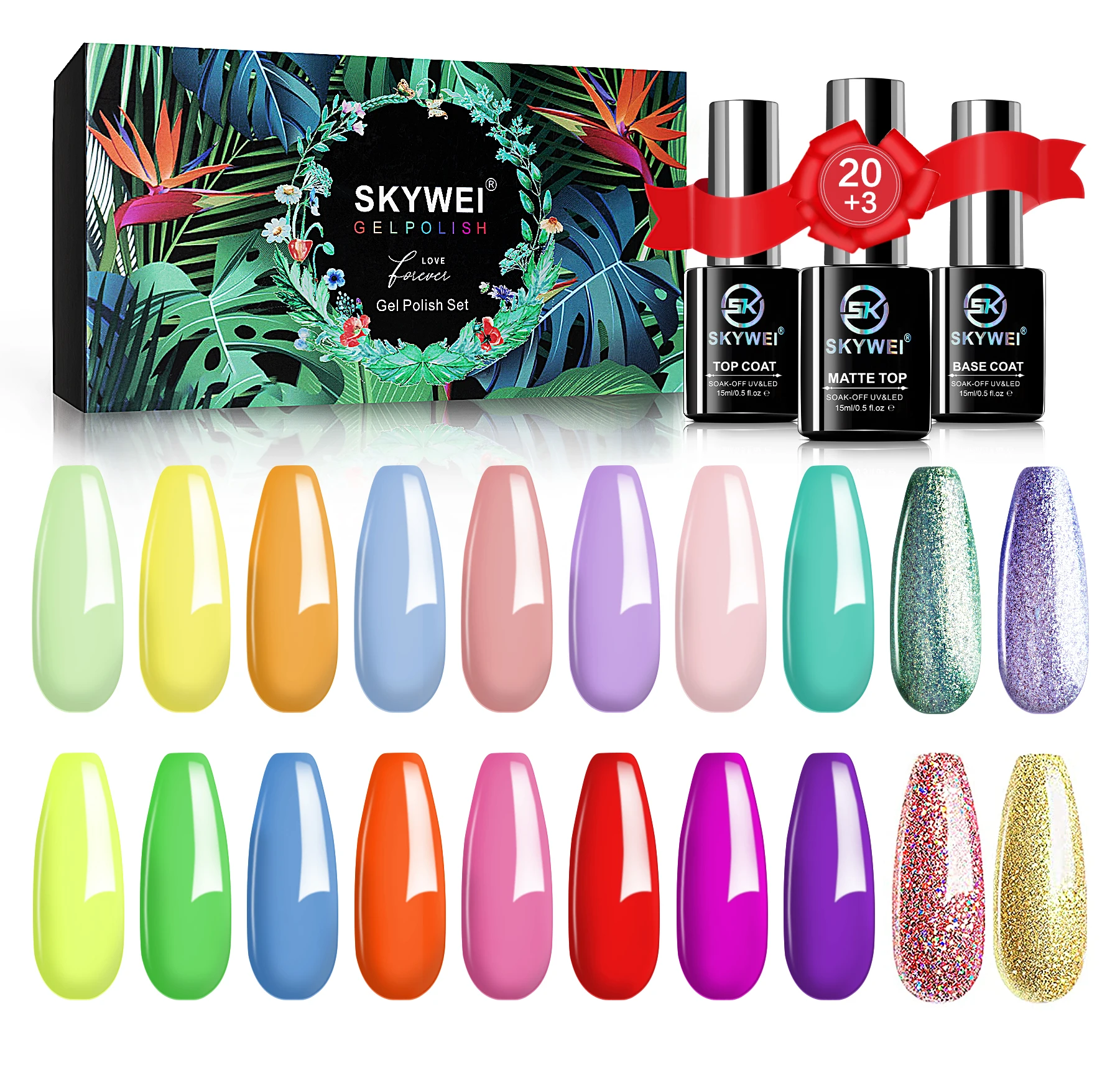 Skywei 23 pcs  gel polish and base top coat nail gel polish kit UV gel