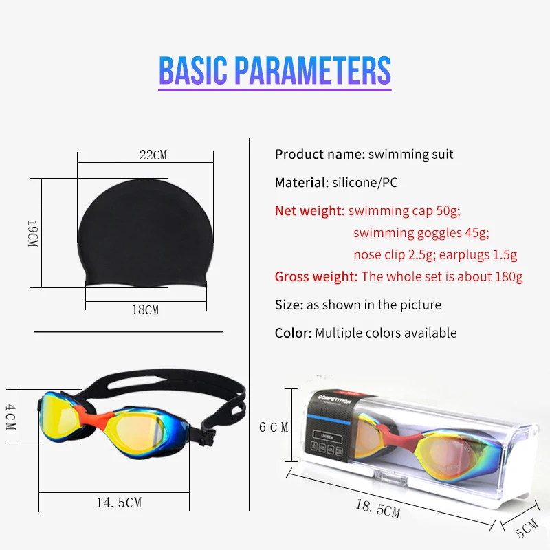 Wholesale Swim Cap and HD Waterproof Glasses 4 Piece Sets Include Earplugs Nose Clip Swimming Custom Adult Swim Set