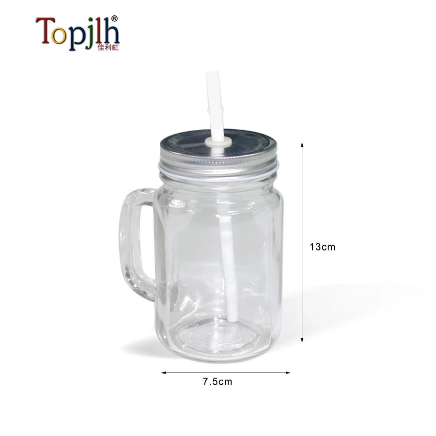Factory wholesale 430ml smooth surface clear Glass Mason Jars transparent coated crystal mason glasses with hand grip straw lids