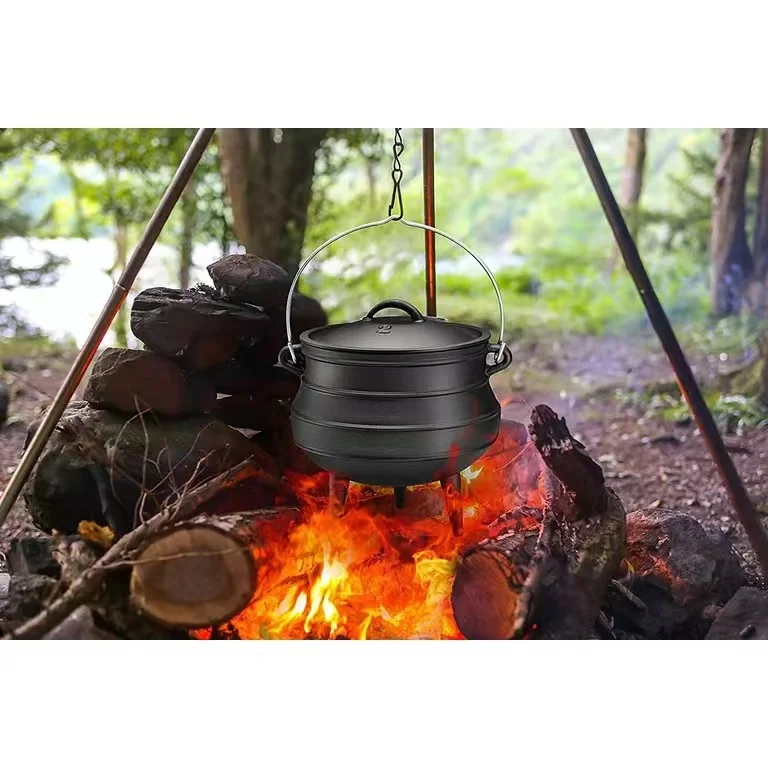 Pre-Seasoned Cast Iron Cauldron - African Potjie Pot with Lid - 3 Legs for Even Heat Distribution - Camping Dutch oven Cookware