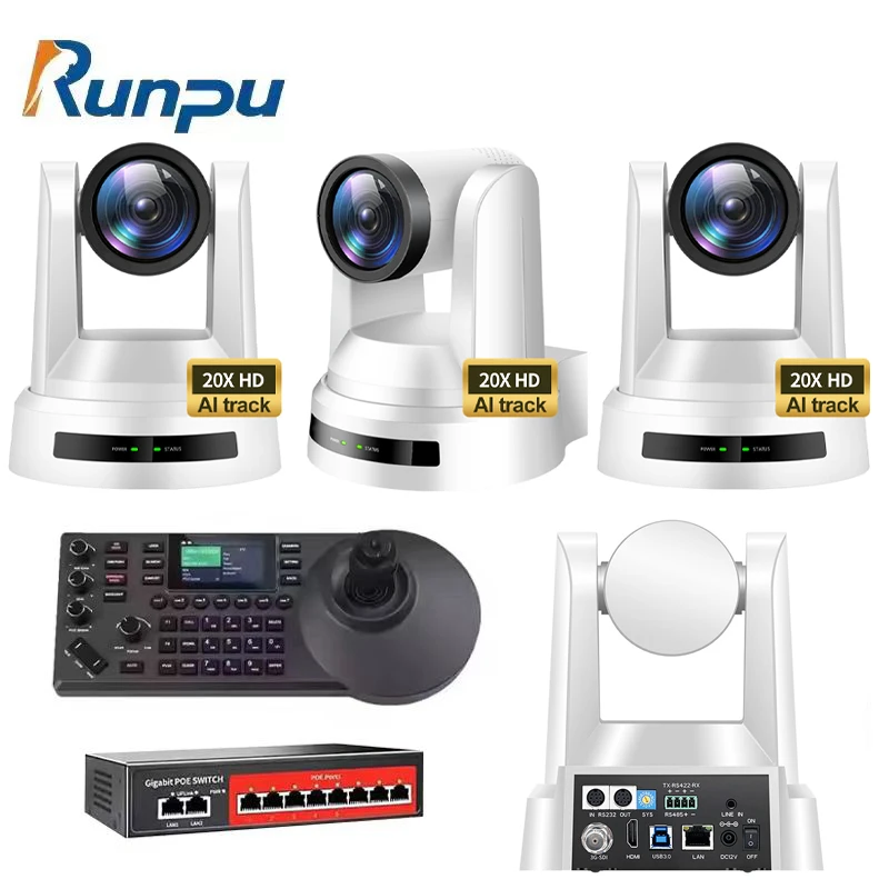USD1888 Free Ship Set HD590-20=4 Pcs SDI 20X Optical Zoom HD1080P PTZ Conference Camera Lan AI Track+a Ip Controller+poe Switch