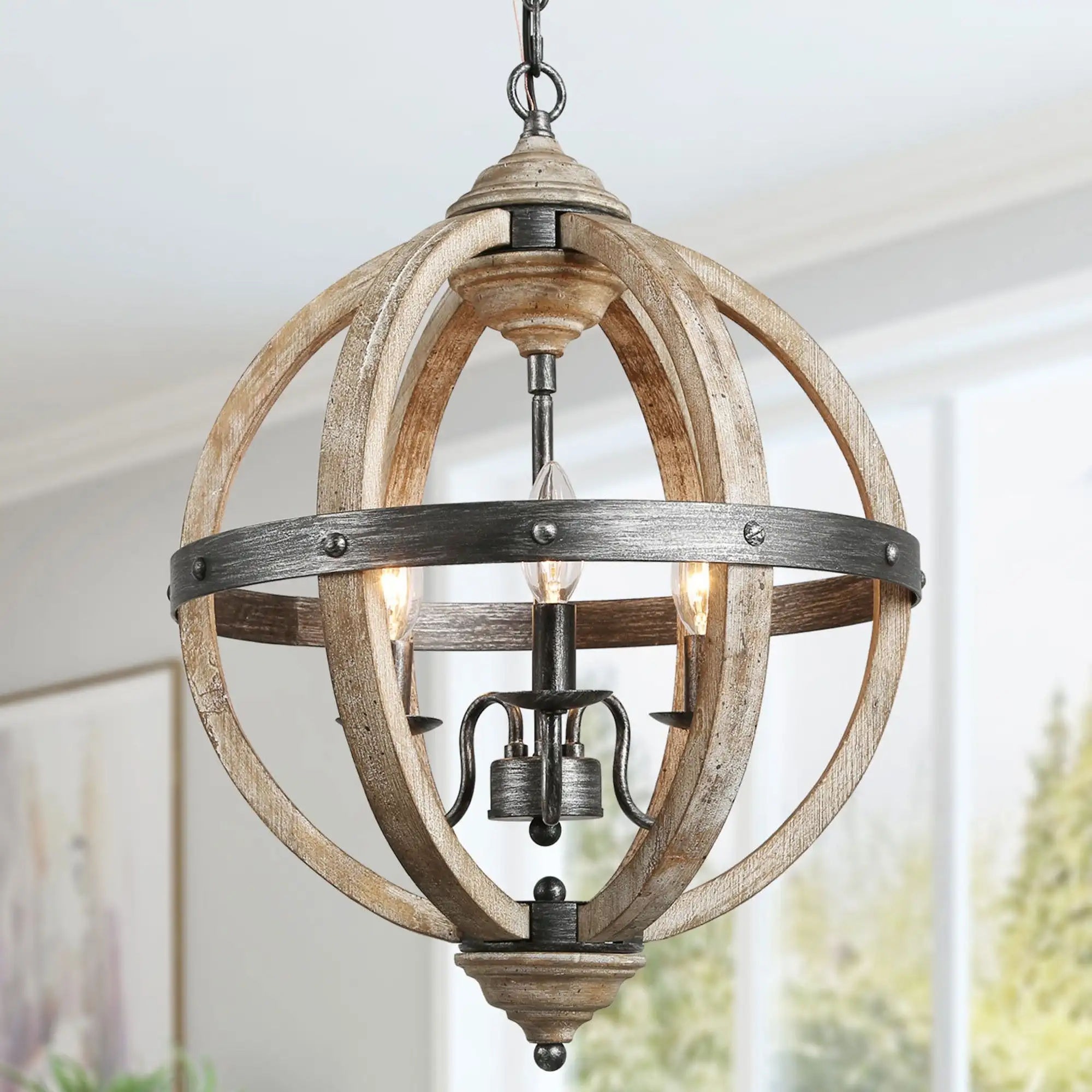 
EEA Hanging Kitchen Dinning Pendant Light Antique Vintage Farmhouse Wooden Chandelier for Living Room 