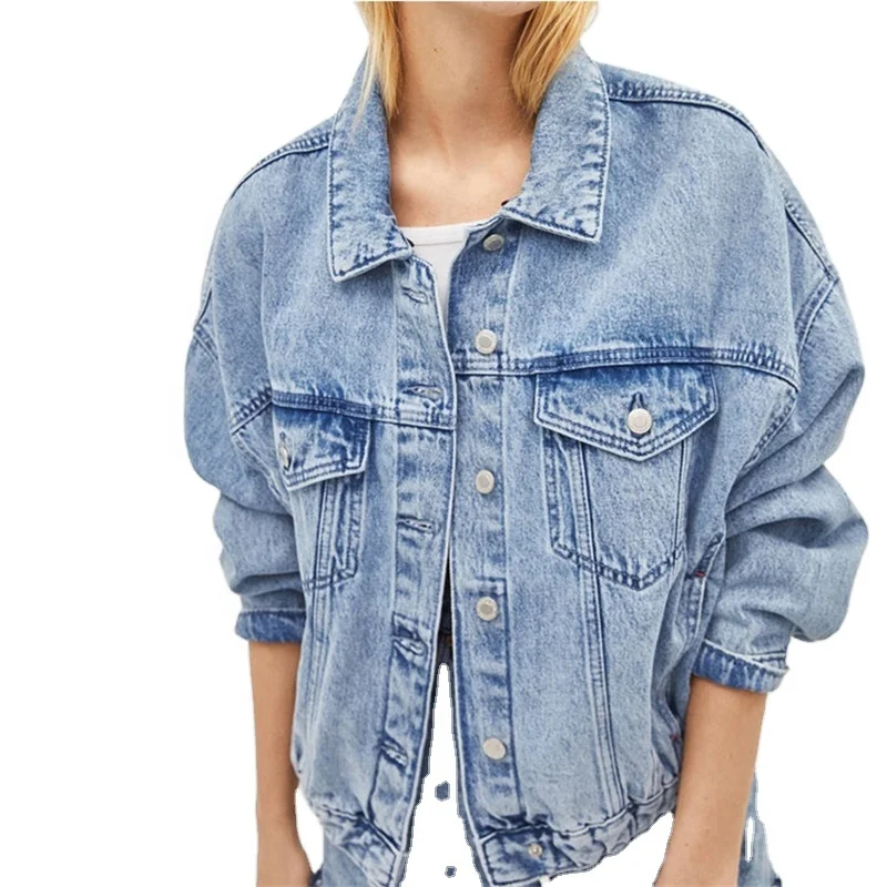 Customized Oversized Retro Ladies Denim Jacket Loose Long Sleeve Ladies Denim Jacket