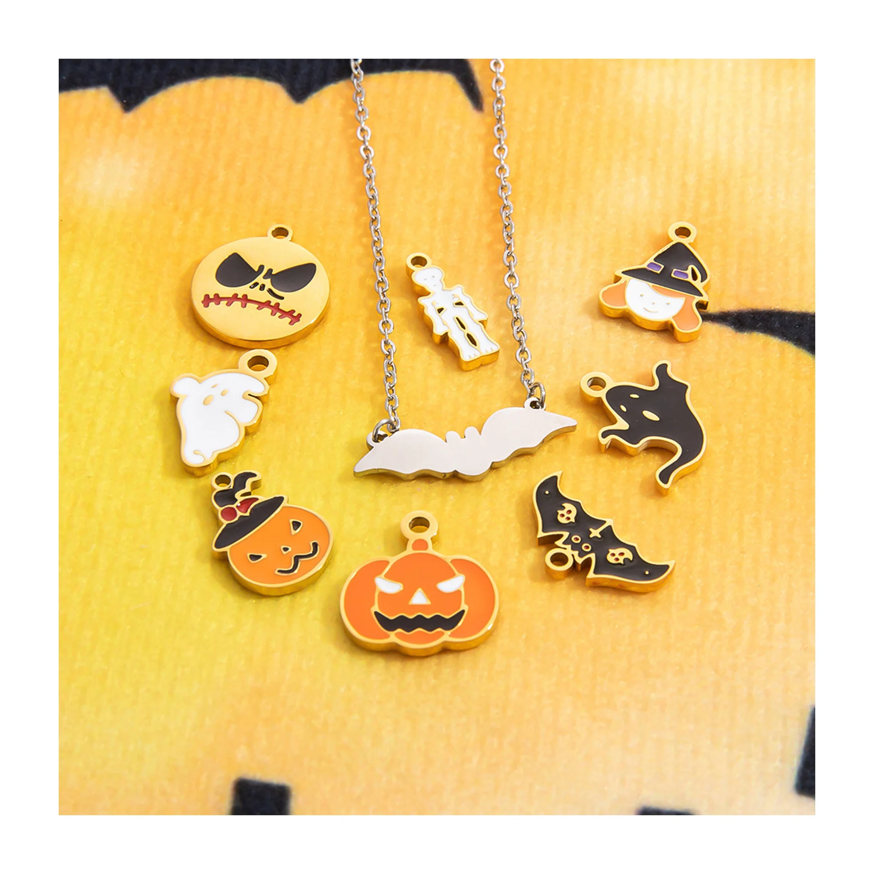 XIXI Manufacturers Wholesale Dripping Oil 18K Gold Plated Pumpkin Stainless Steel Halloween Fashion Jewelry Pendants And Charms