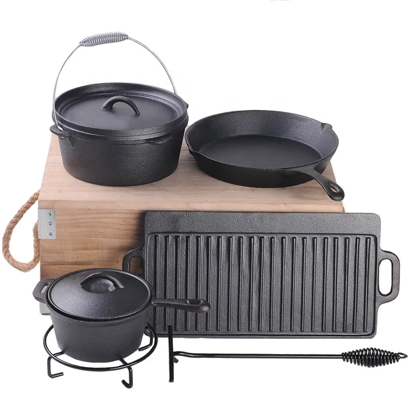 heavy duty pots and pans set cast iron non-stick 7 sets camping cookware set for outdoor cooking