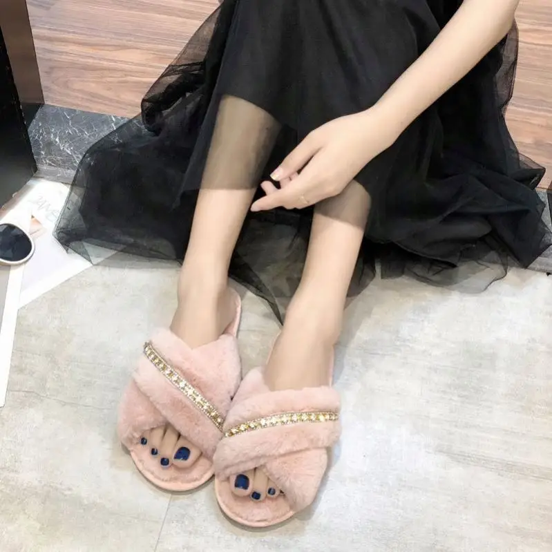 Wholesale Rhinestone Cross Belt Solid Color Furry Slippers Female Fashion Non-Slip Wear-Resistant Open-Toed Home Slippers