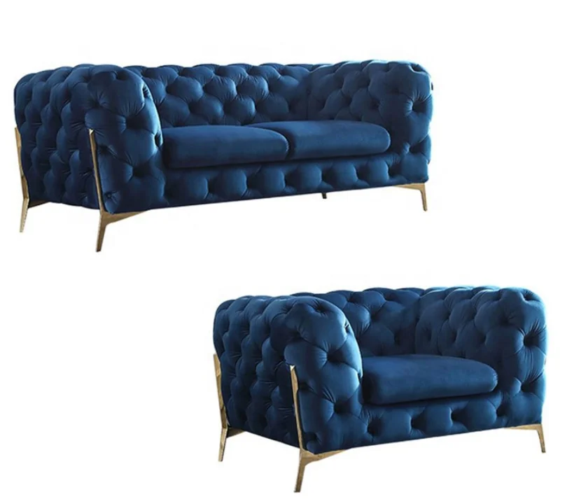 Upholstery Couch Lounge Blue Velvet Chesterfield Living room Sofa With Golden
