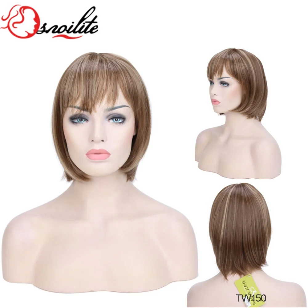 Snoilite natural looking blonde brown highlight color high temperature synthetic fiber bob wig with bang