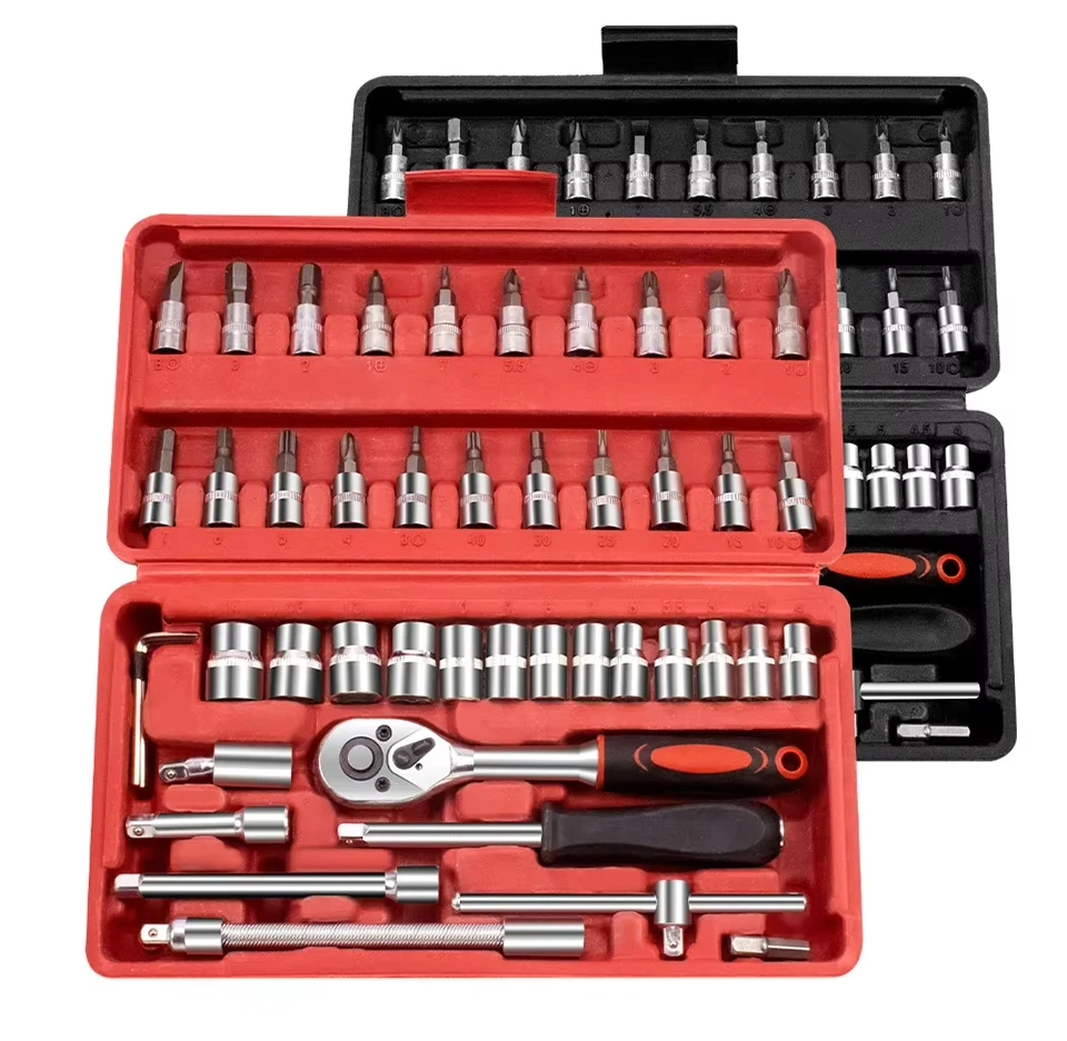 46pcs Car Repair Tool Kits Combination Ratchet Torque Spanner Metalworking 1/4-Inch Socket Wrench Set Auto Repair Mechanic Tools
