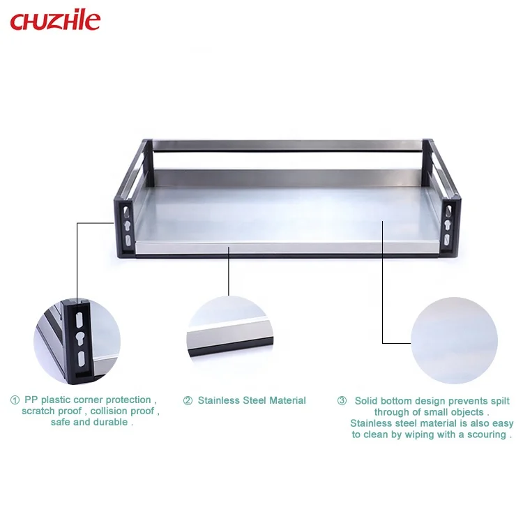 Home Kitchen Pantry Organizer Stainless Steel Standard Three Side Drawer Storage Pull Out Basket Flat basket