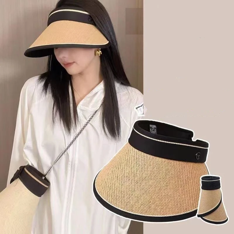 BSM392 Custom Made Pp Straw Hat For Women Designer Korean Foldable Open Top Sunscreen Wide Brim Uv Sun Visor Bucket Hats And Cap