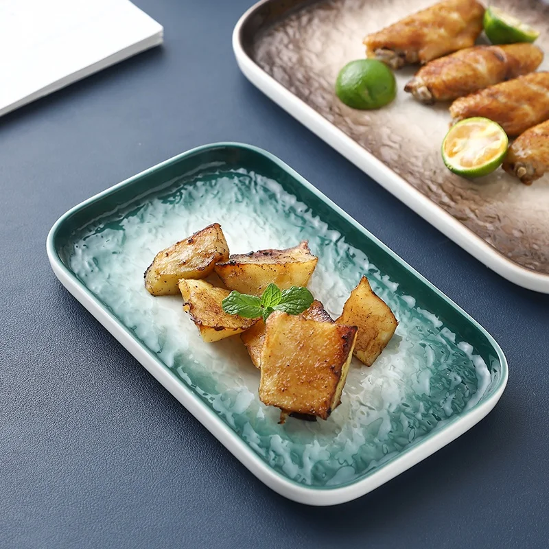 Hand-Painted Color Gradual Change Ceramic Rectangle Plate Porcelain Dinner Plates Dish with Stone Thread Surface for Dining