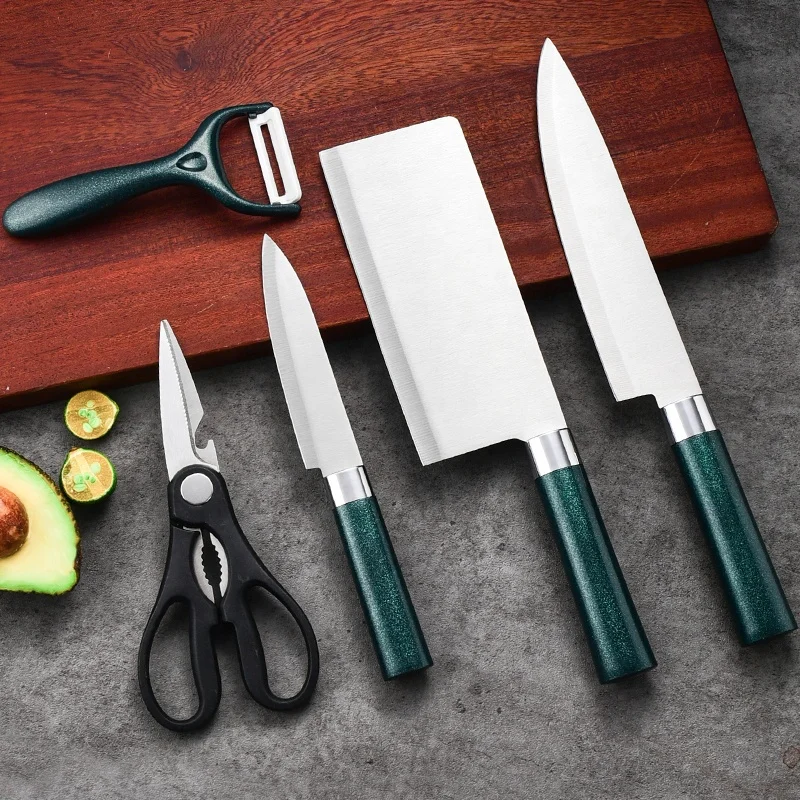 Wholesale Stainless Steel Green PP Handle Sharp Chef Knife Utility Fruit Knife Peeler Scissor Kitchen Knife Set