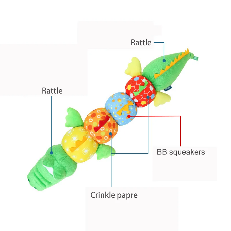 Multi functional green caterpillar and crocodile with size plush animal rattle toys for baby  N077