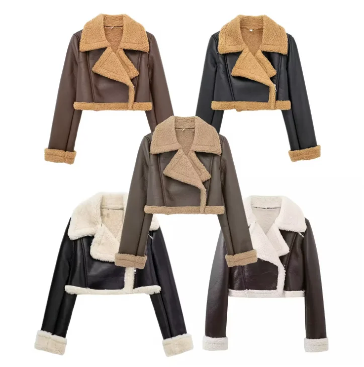 OJW122938 Cropped Fall Winter Clothes 2023 Streetwear Short Women Fur Leather Motorcycle Jacket