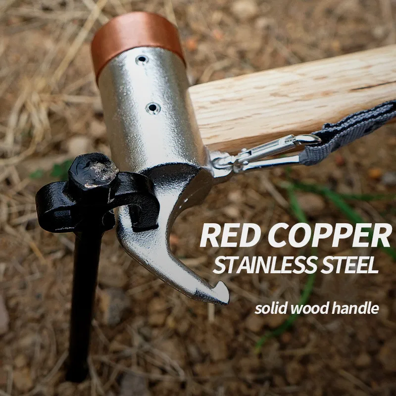 Mydays Outdoor Hot Sale Camp Hammer with Brass Head Wooden Handle Steel Pick End And Woven Strap