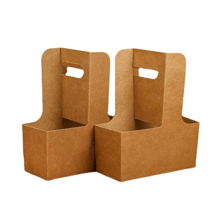 Customized  Hot Drink Cardboard Cup Holder Tray Takeaway Cup Carrier With Handle Kraft Take Out Coffee Paper Cup Holder Tray