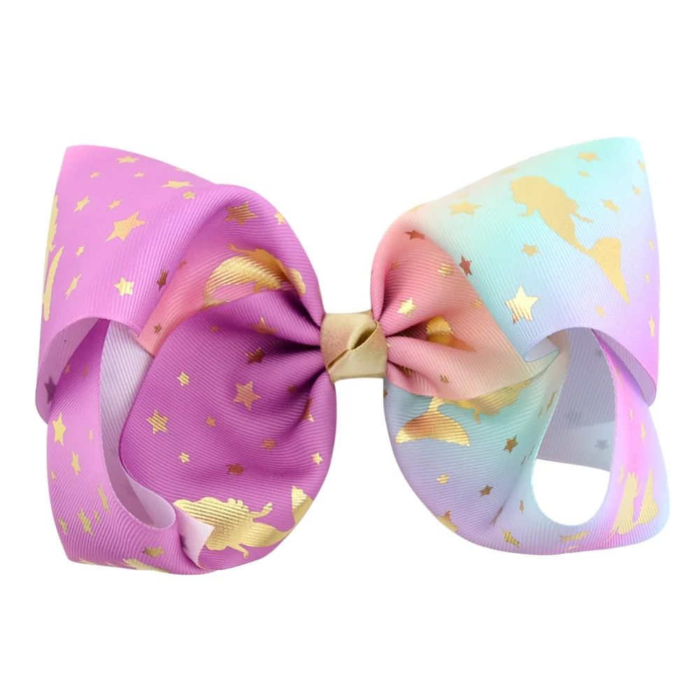 E Magic Factory Handmade stereoscopic 8 inches Printing Jojo siwa ribbon hair bow with clips for girls' best present