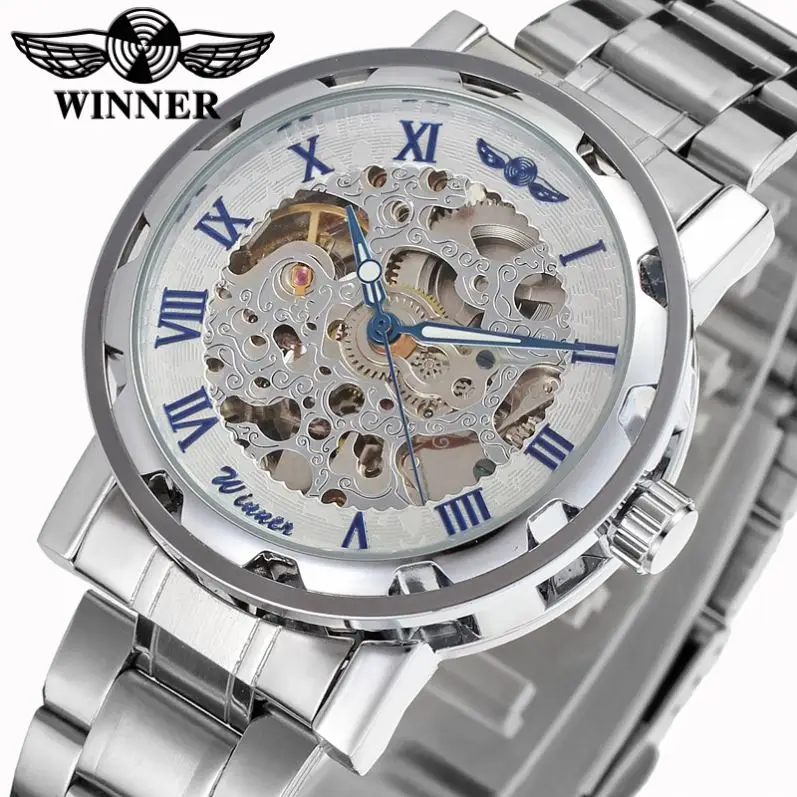 WINNER 8008 classic silver male mechanical watch low cost Stainless steel band water resist auto transparent moq 1 watch kit