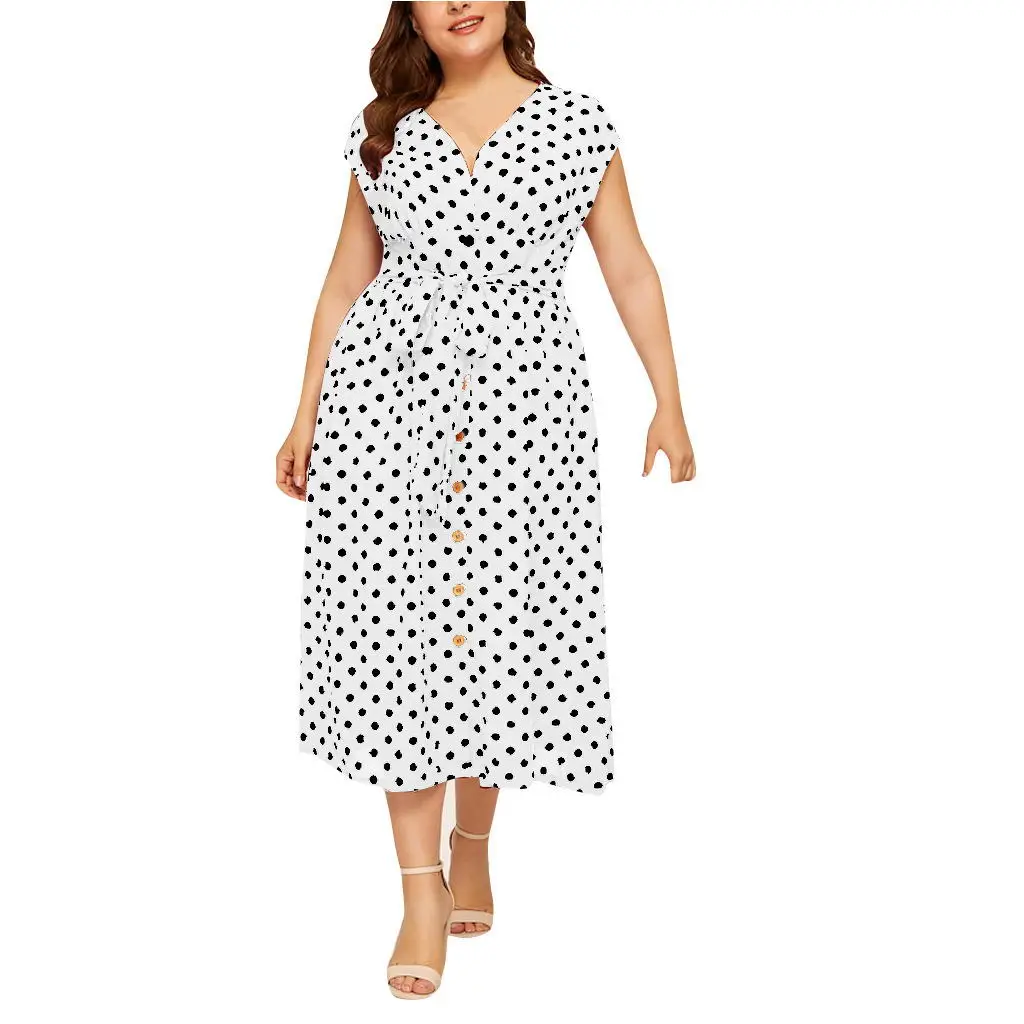 Plus Size Polka Dot Dress Summer Front Button Lace-Up Waist V-Neck Fat Women Dress Casual Loose Large Ladies Midi Dress