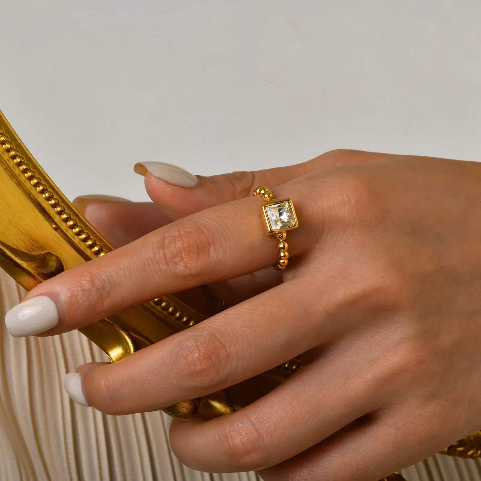 Big Square Diamond Ring 18k Gold Plating Cubic Zircon Stainless Steel Jewelry rings