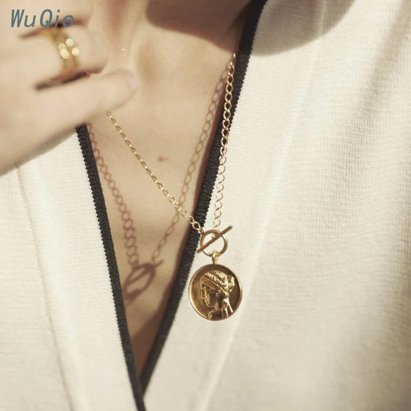 Wuqie Vintage 925 Sterling Silver Jewelry Human Portrait Coin Pendant Necklaces Gold Plated Round Necklace